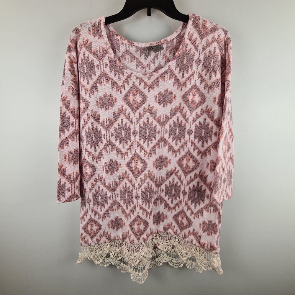 New Directions Weekend Pink Aztec Print Crochet Lace Hem Knit Top XL Women